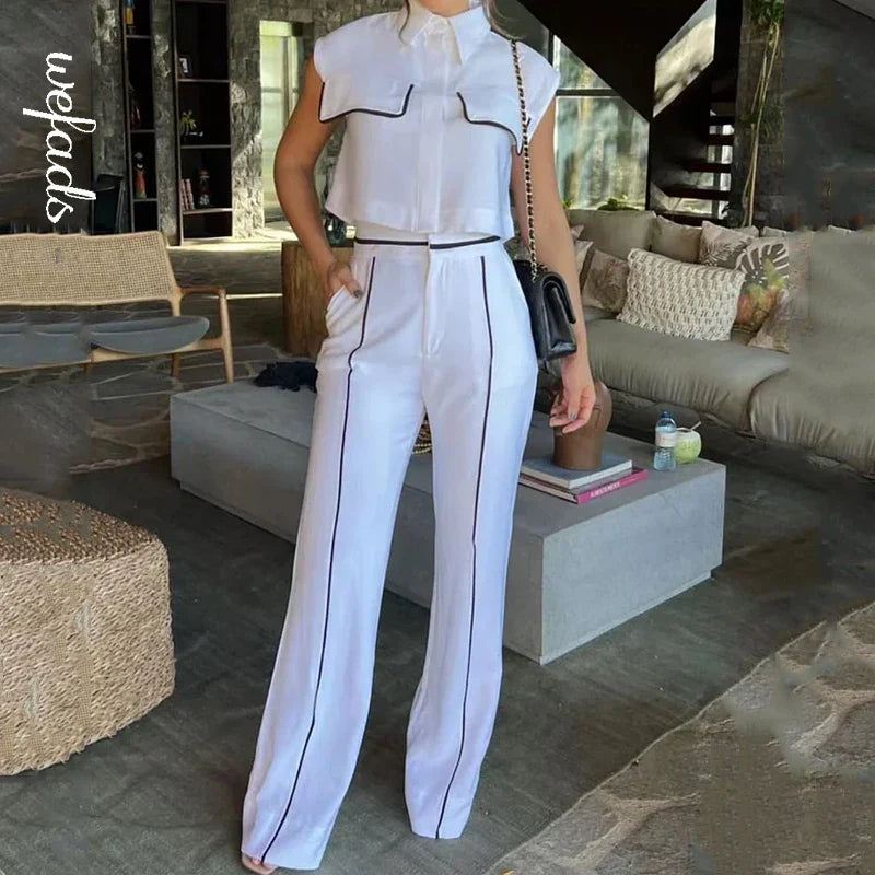 Contrast Lapel Vest Pockets Pants Office Two Piece Set