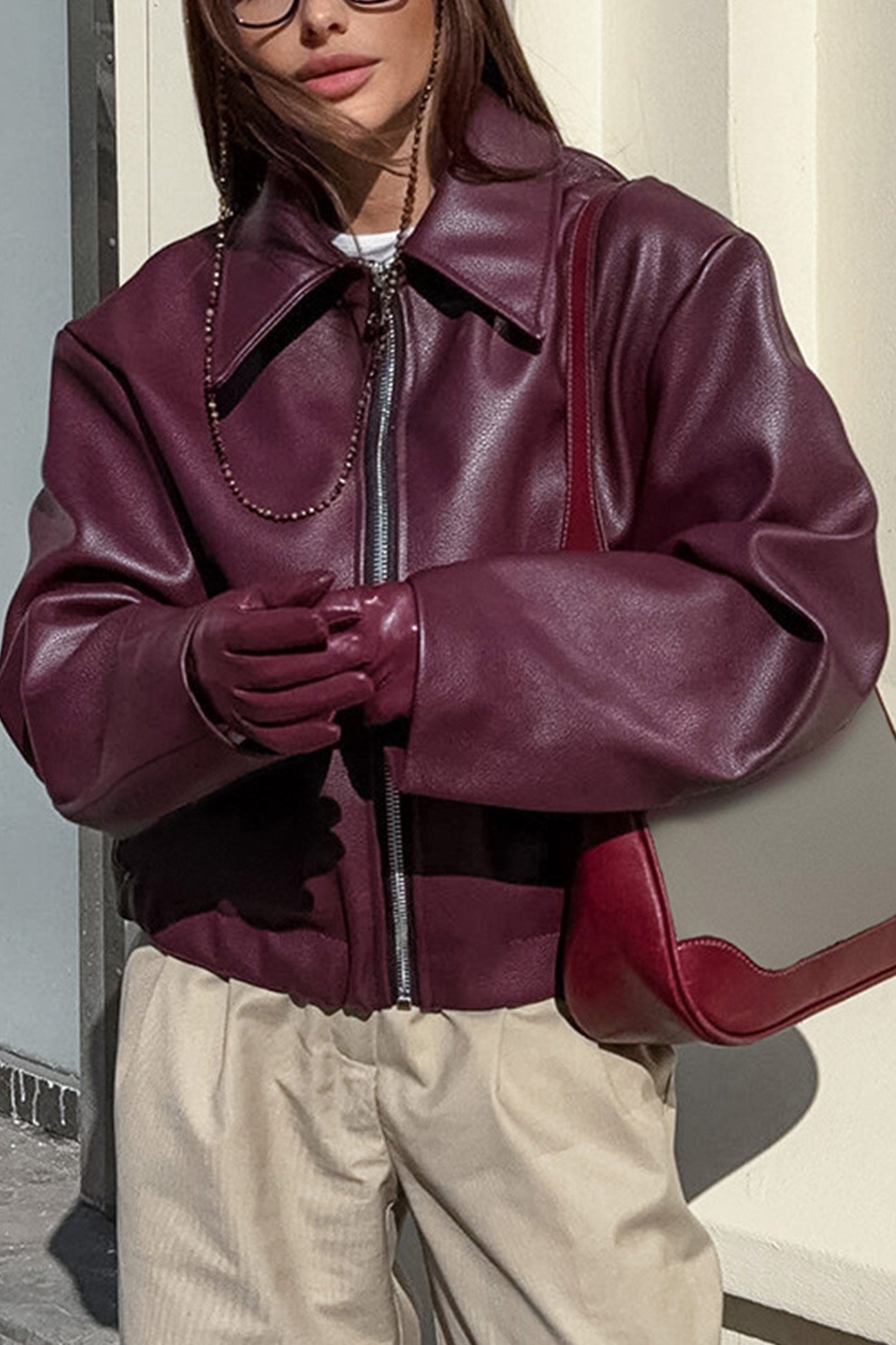 Monique | Wine red PU jacket with zip