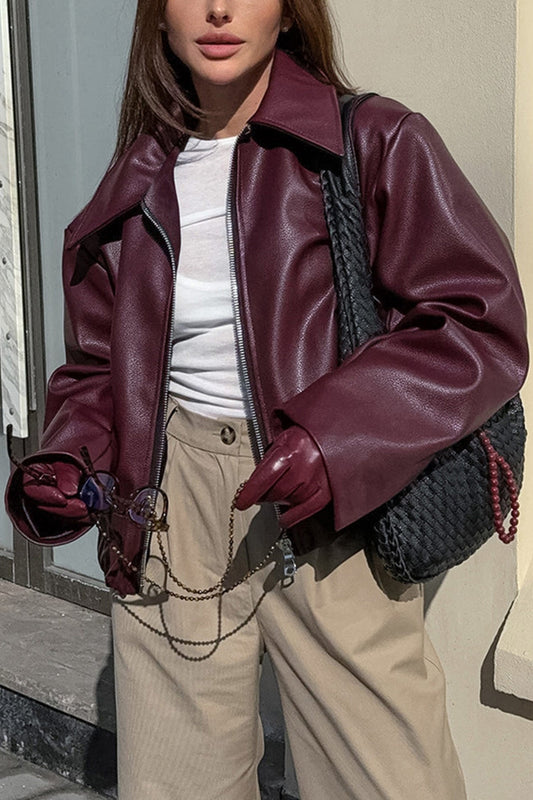 Monique | Wine red PU jacket with zip