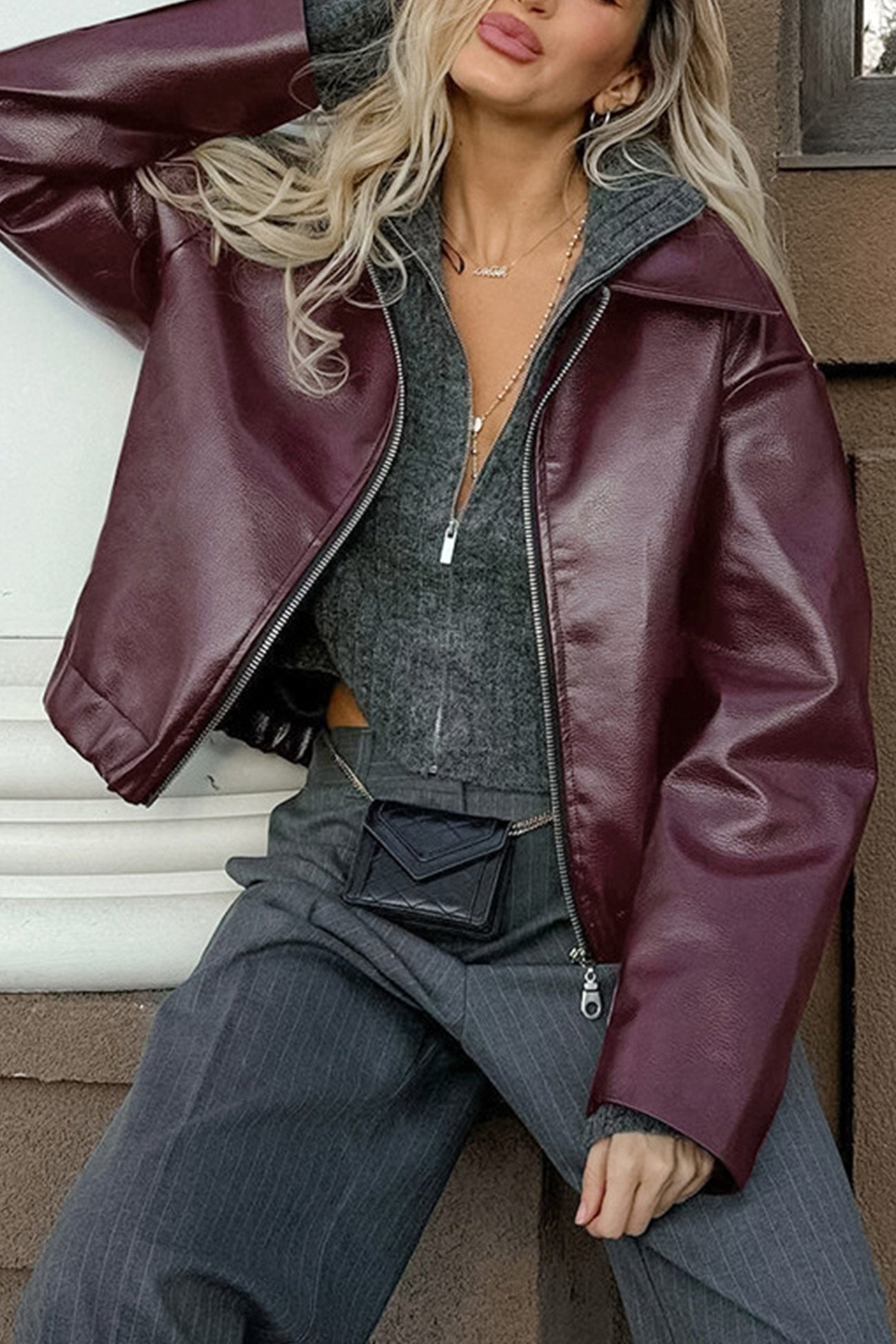 Monique | Wine red PU jacket with zip