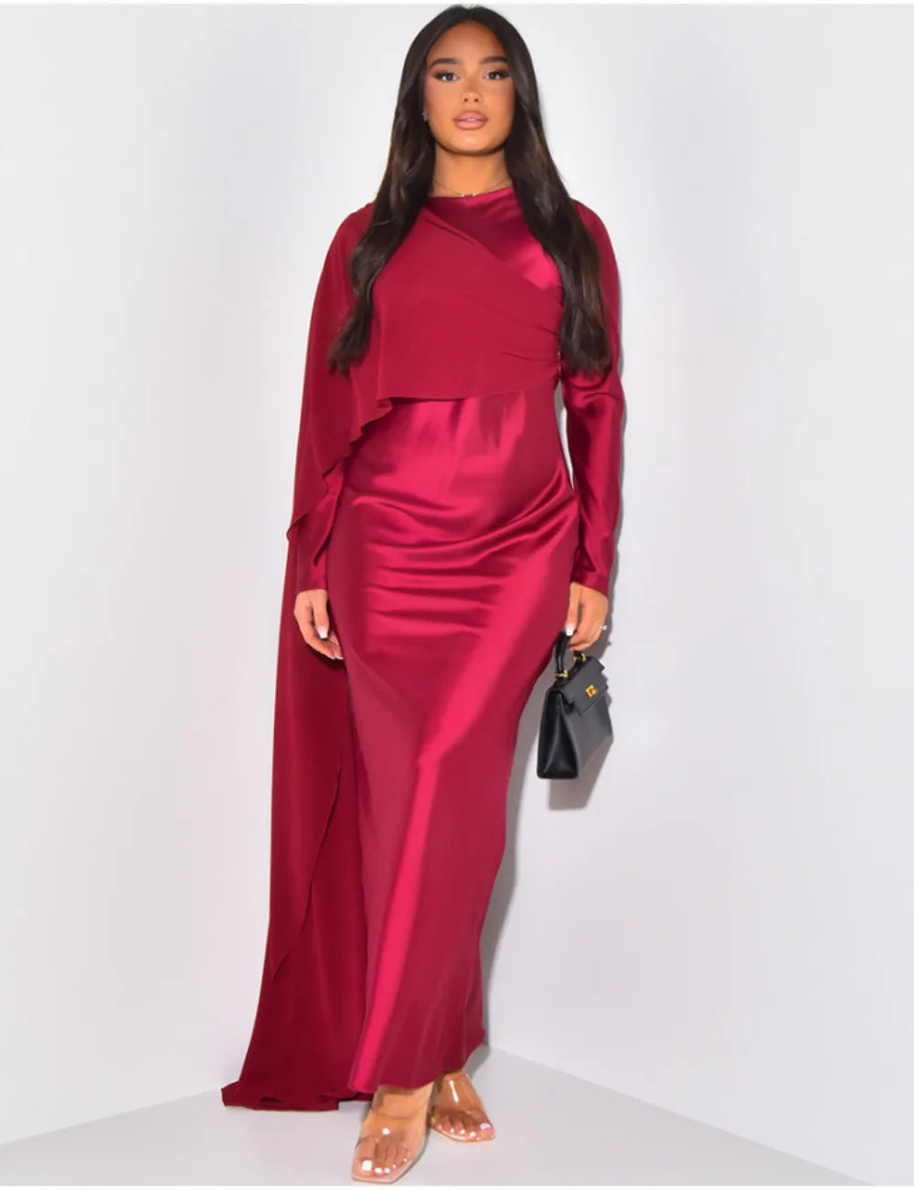 Elegant Solid Color Round Neck High Waist Swing Red Party Dress