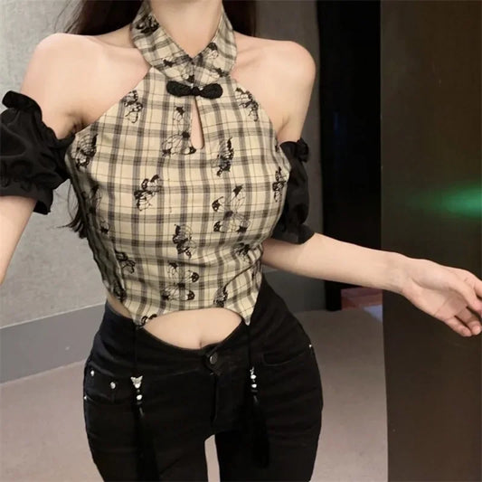 Klaudia® | Blouse In A Vintage Check Pattern With A Chinese Collar