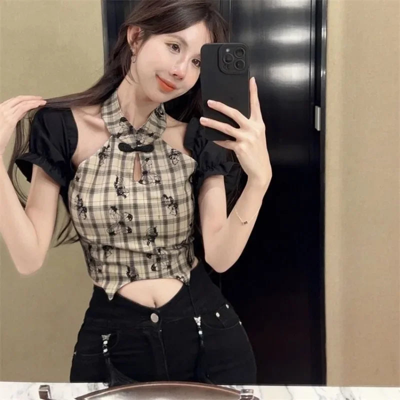 Klaudia® | Blouse In A Vintage Check Pattern With A Chinese Collar