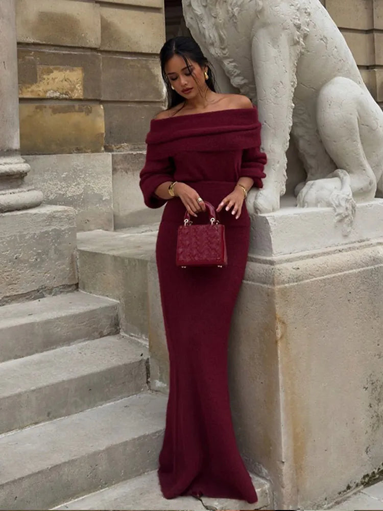 Elegant Off Shoulder Fold Knit Long Sleeve Tight Red Party Dress