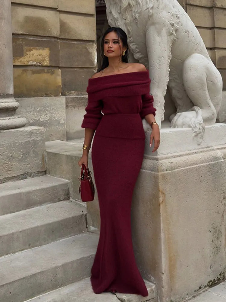 Elegant Off Shoulder Fold Knit Long Sleeve Tight Red Party Dress