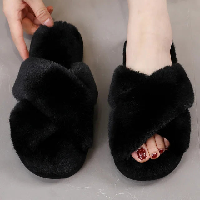Mara® | Women's fluffy cross-strap slippers