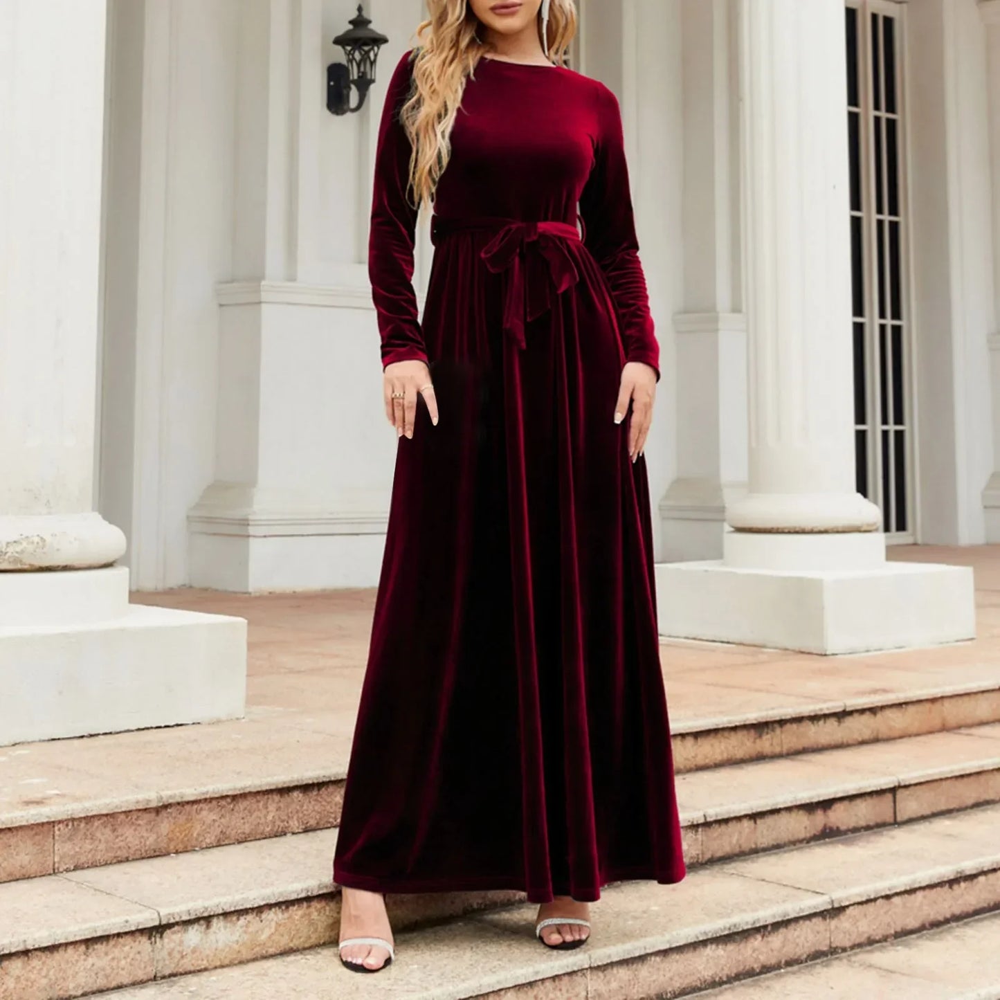 Autumn New Green Velvet Long Dress Elegant Vintage O-neck Lace-up Party Dress