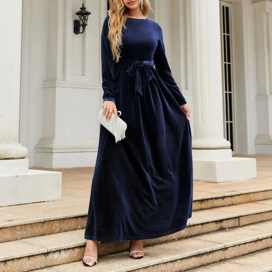 Autumn New Green Velvet Long Dress Elegant Vintage O-neck Lace-up Party Dress