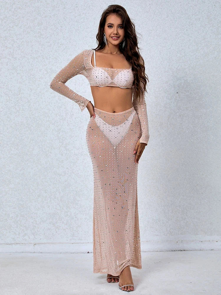 Women's Perspective Mesh Crystal Two Piece Set Square Neck Party Dress
