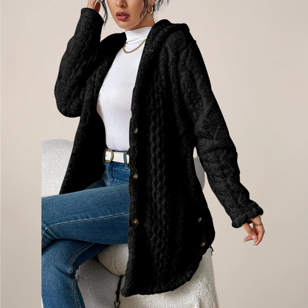 Elizabeth | Women’s Spring Longline Hooded Textured Knit Cardigan