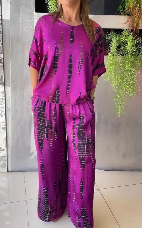 Martina® | Elegant ladies satin suit set round neck