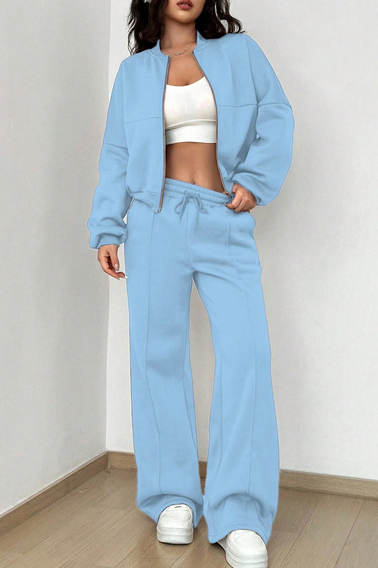 Giovanna | Collarless zipper cardigan pants set