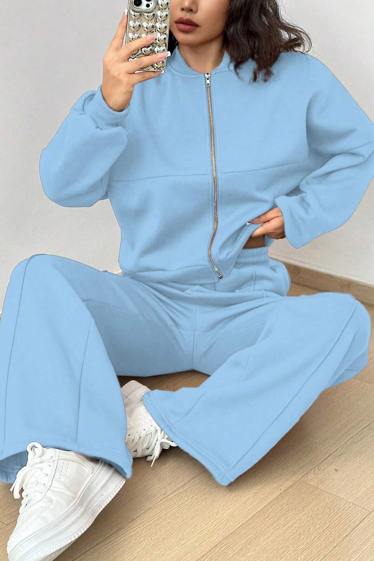 Giovanna | Collarless zipper cardigan pants set