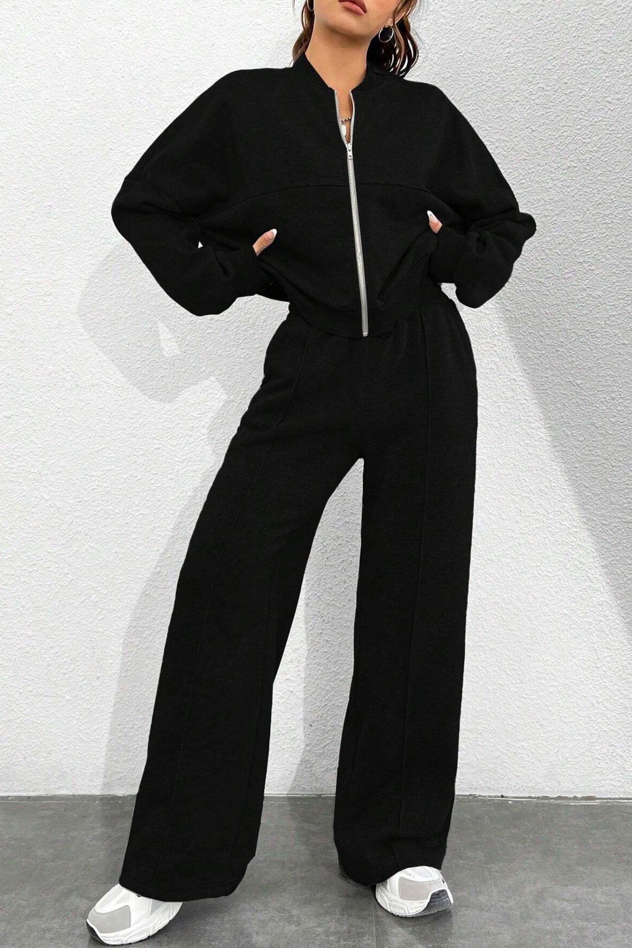 Giovanna | Collarless zipper cardigan pants set