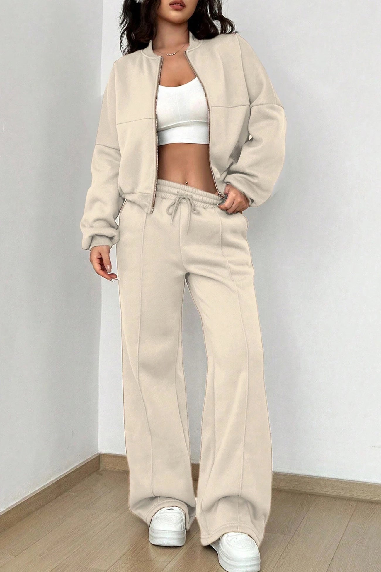 Giovanna | Collarless zipper cardigan pants set