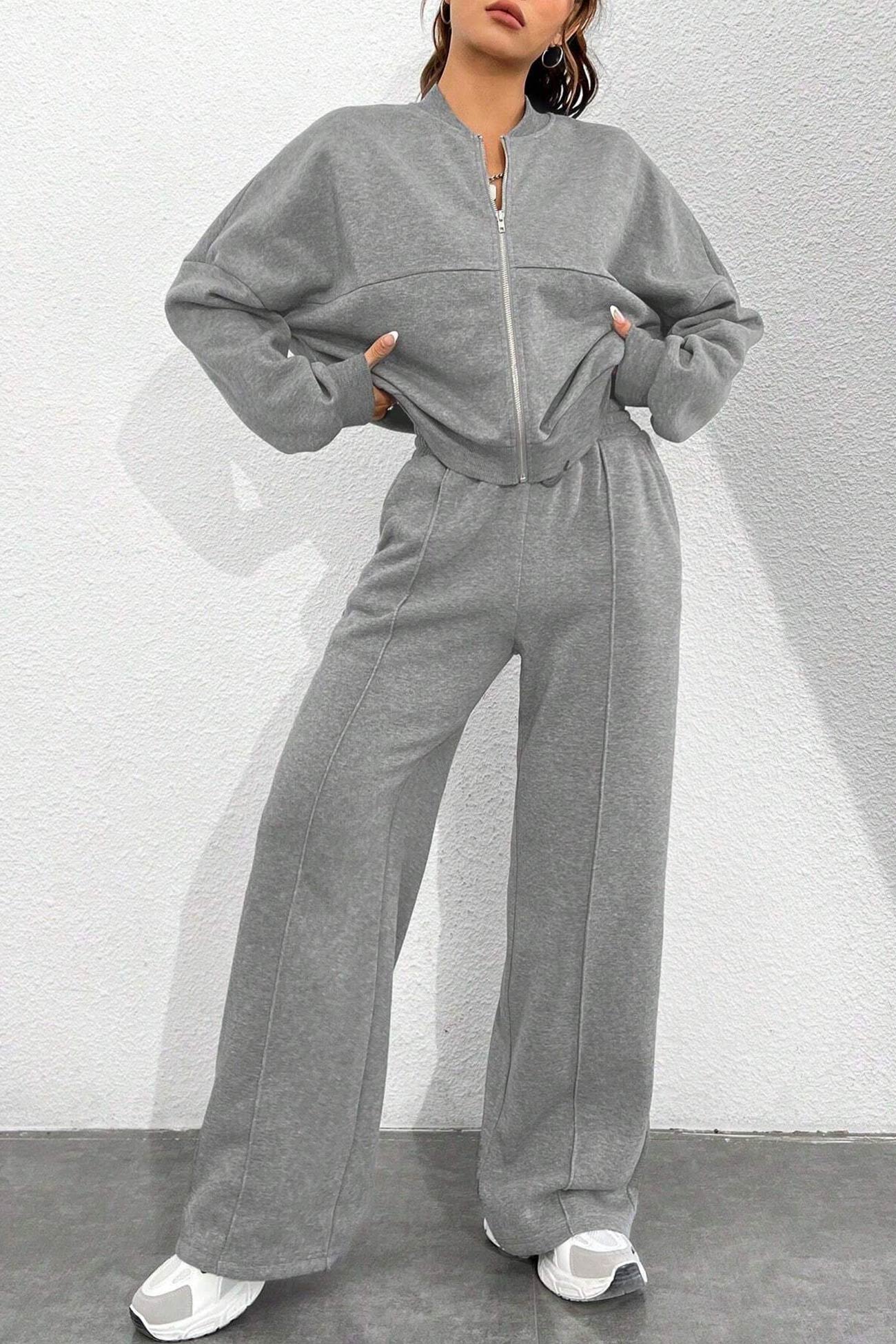 Giovanna | Collarless zipper cardigan pants set