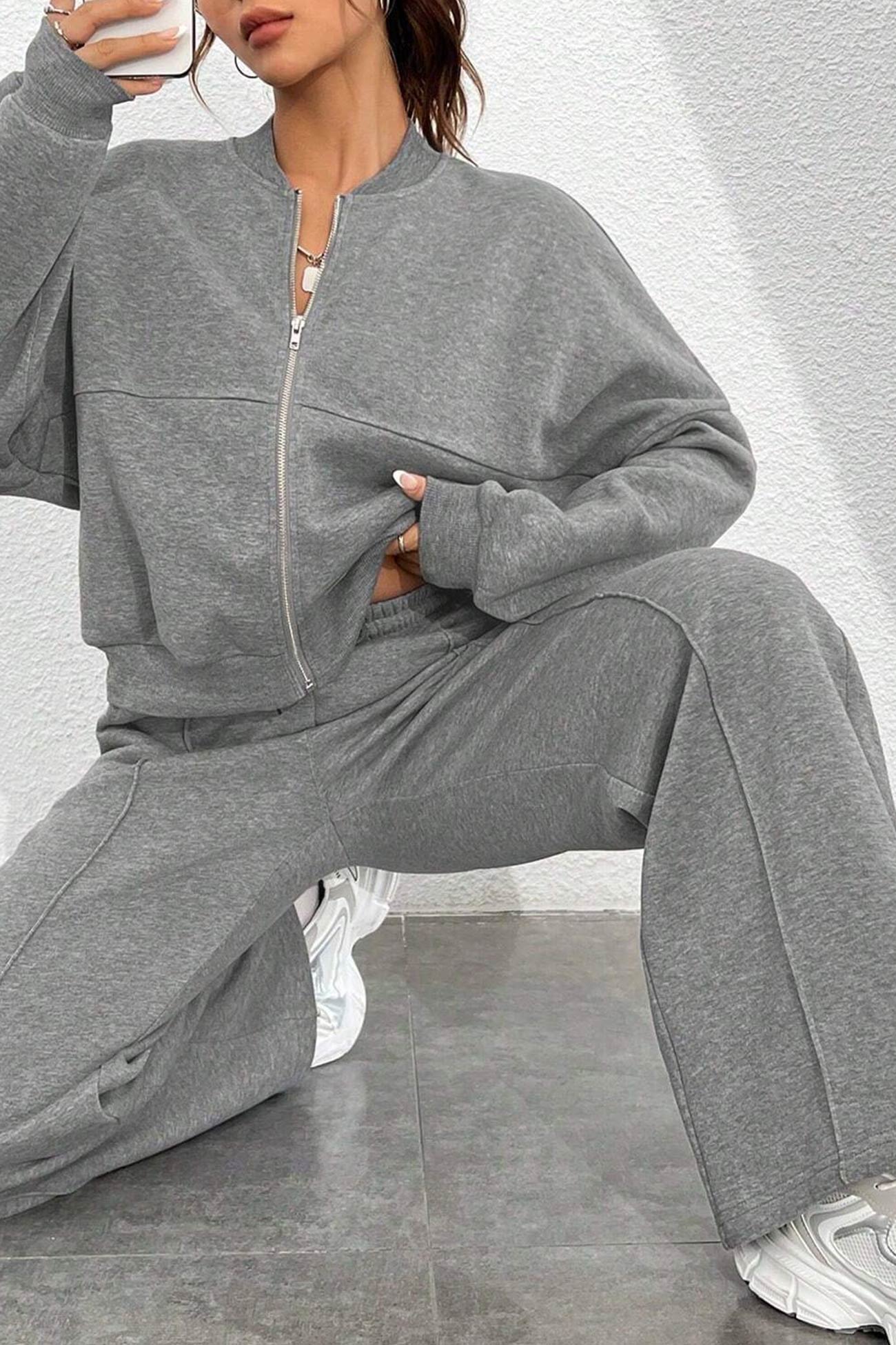 Giovanna | Collarless zipper cardigan pants set