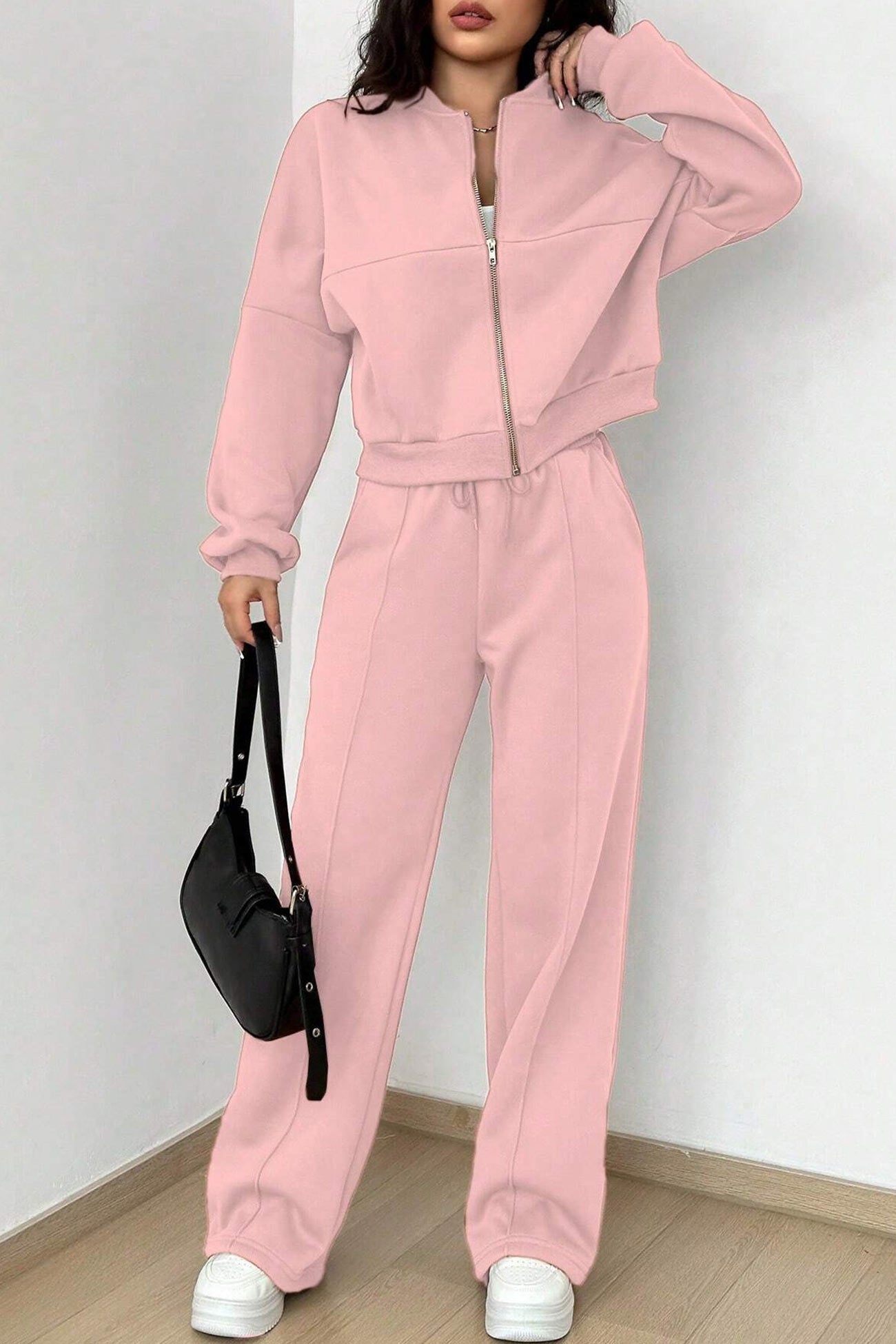 Giovanna | Collarless zipper cardigan pants set
