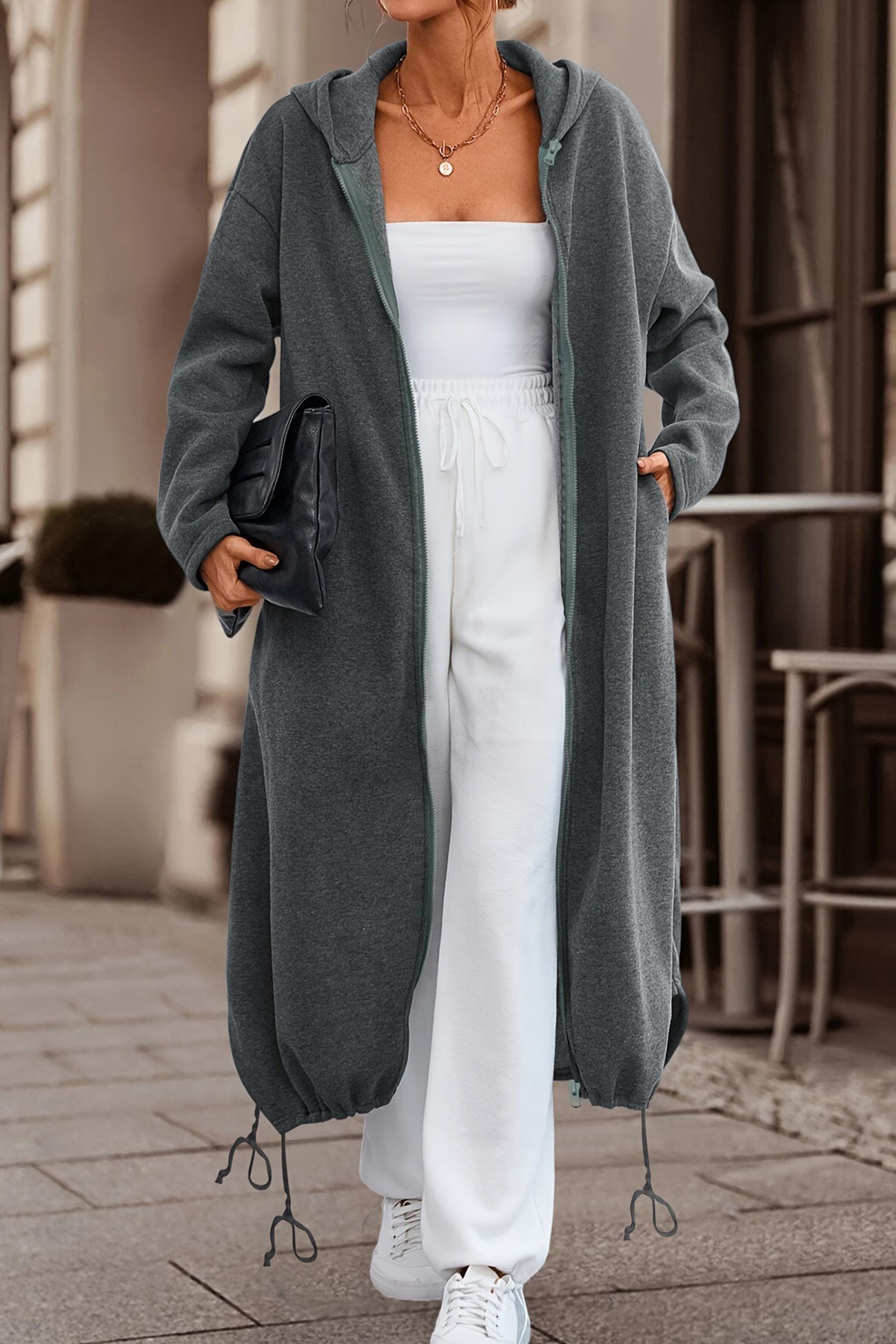 Gabriela | Long hoodie with zip fastening and drawstring hem