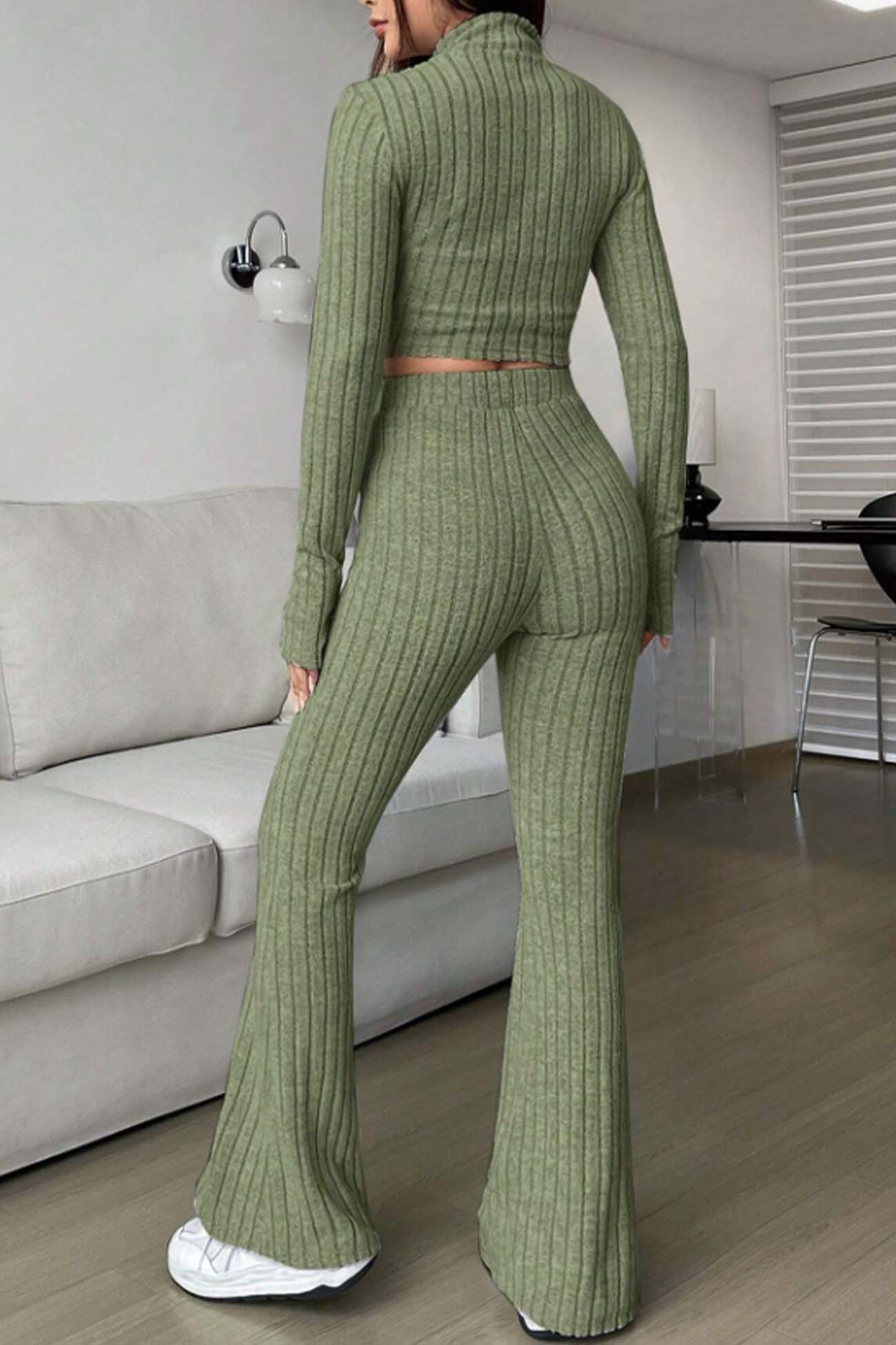 Nina | Long sleeve zip-up ribbed flared pants set