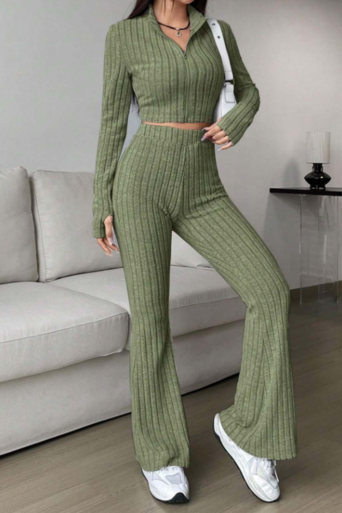 Nina | Long sleeve zip-up ribbed flared pants set