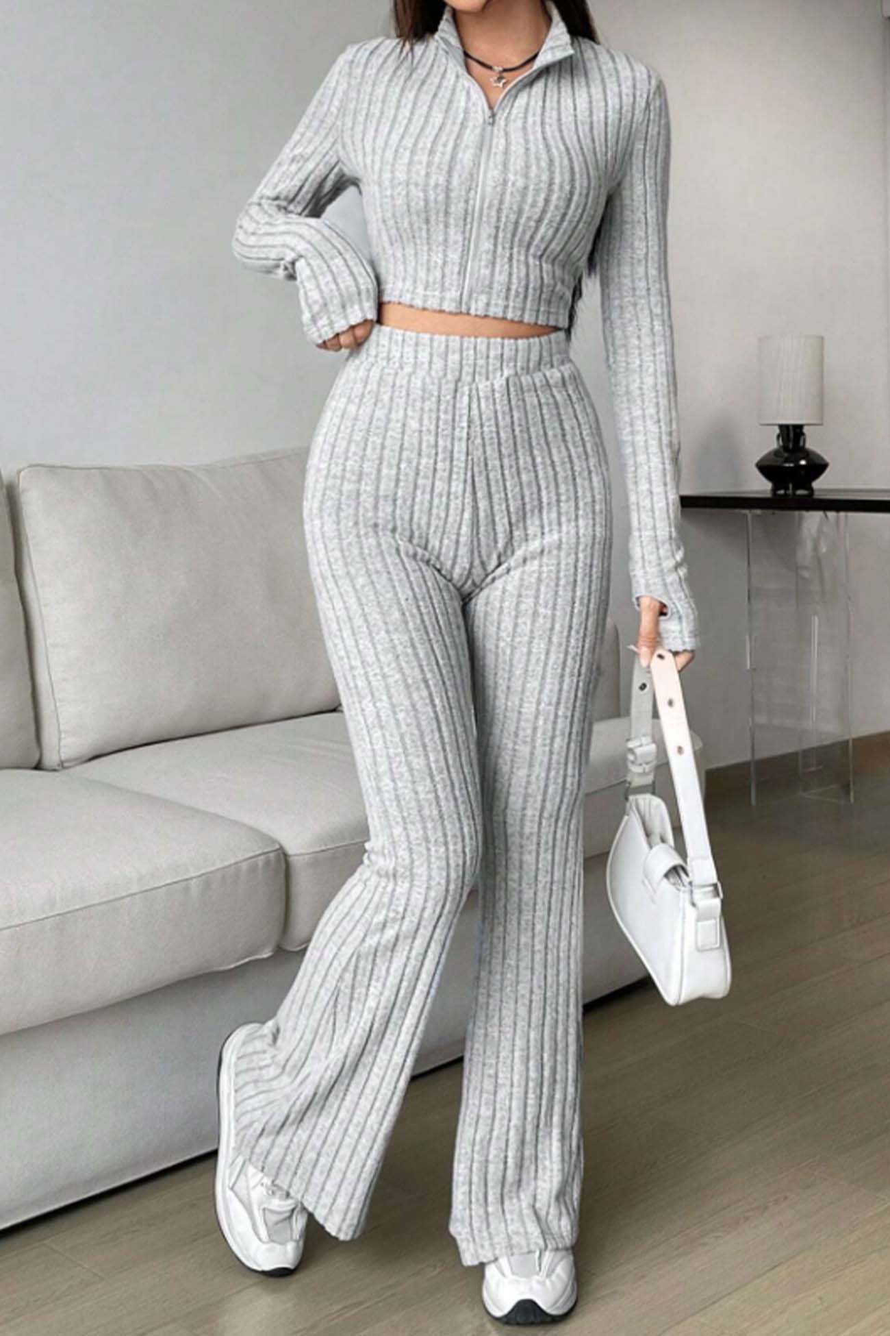 Nina | Long sleeve zip-up ribbed flared pants set