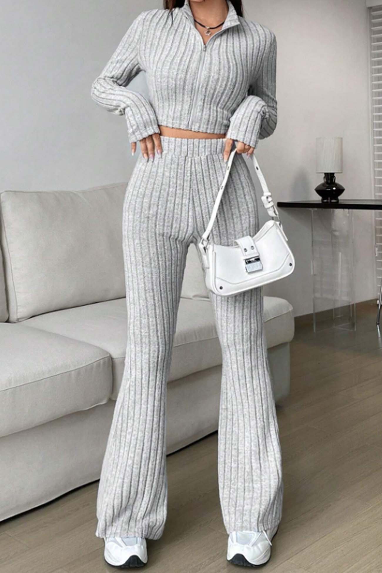 Nina | Long sleeve zip-up ribbed flared pants set