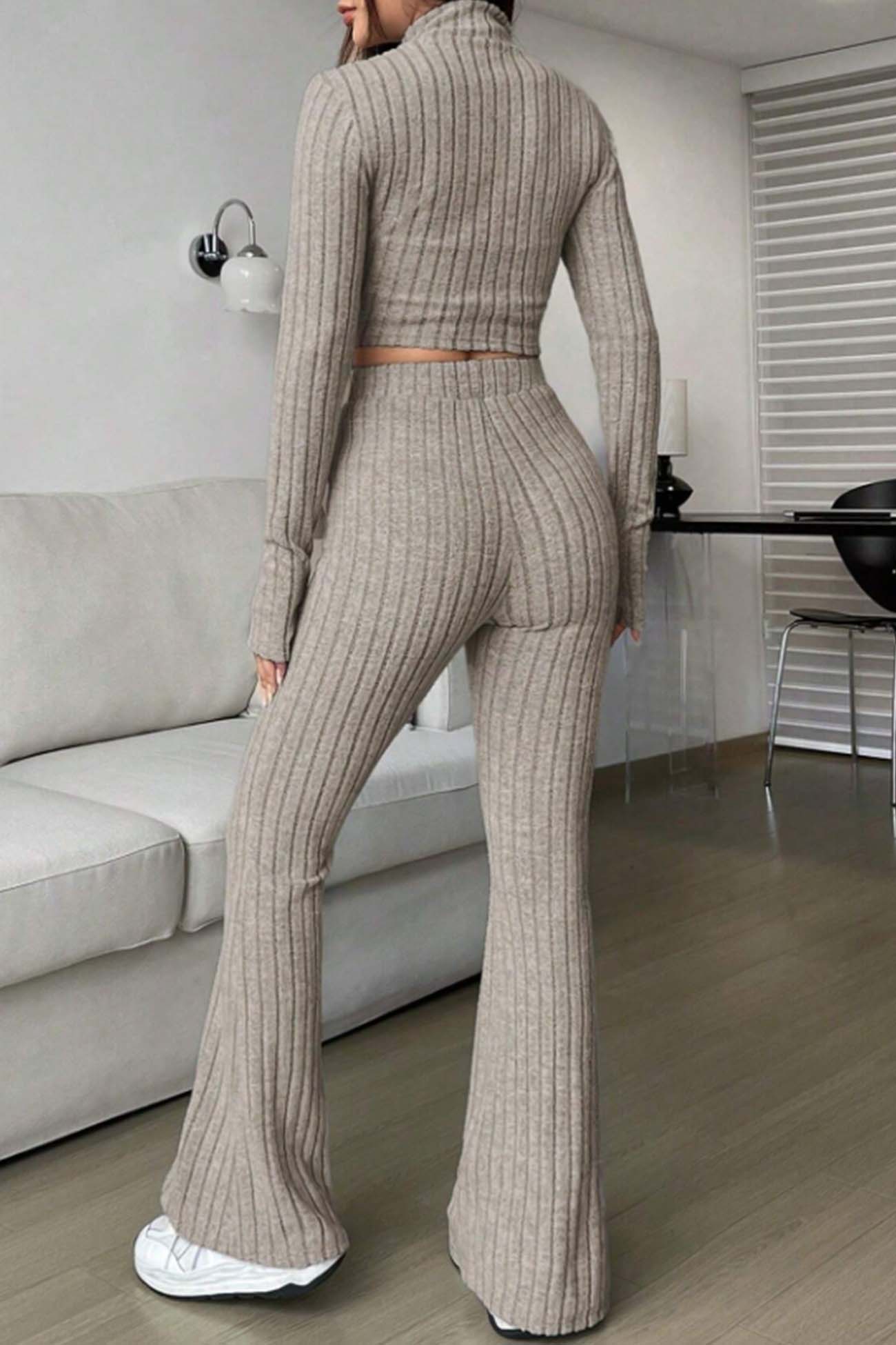 Nina | Long sleeve zip-up ribbed flared pants set