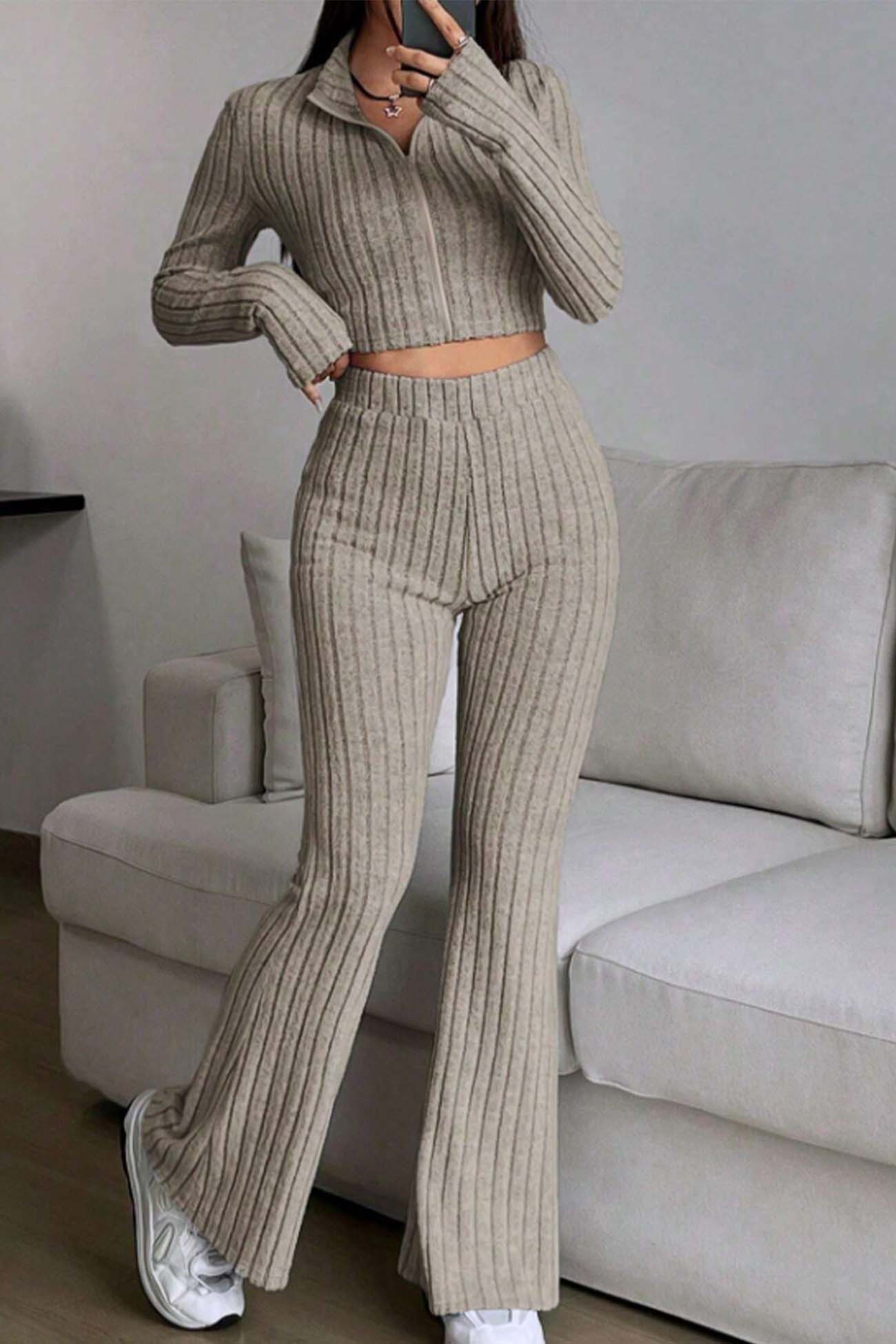Nina | Long sleeve zip-up ribbed flared pants set