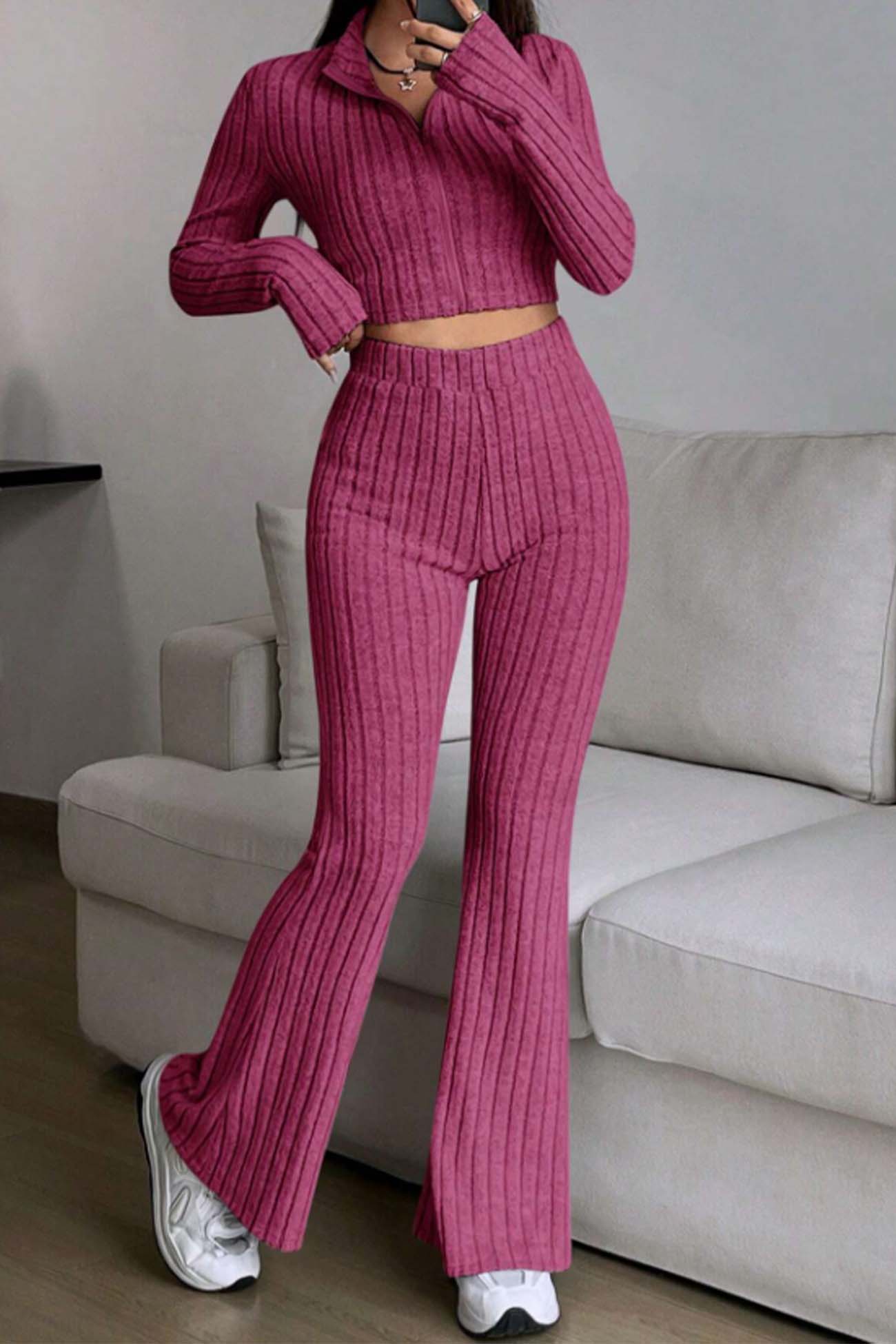 Nina | Long sleeve zip-up ribbed flared pants set