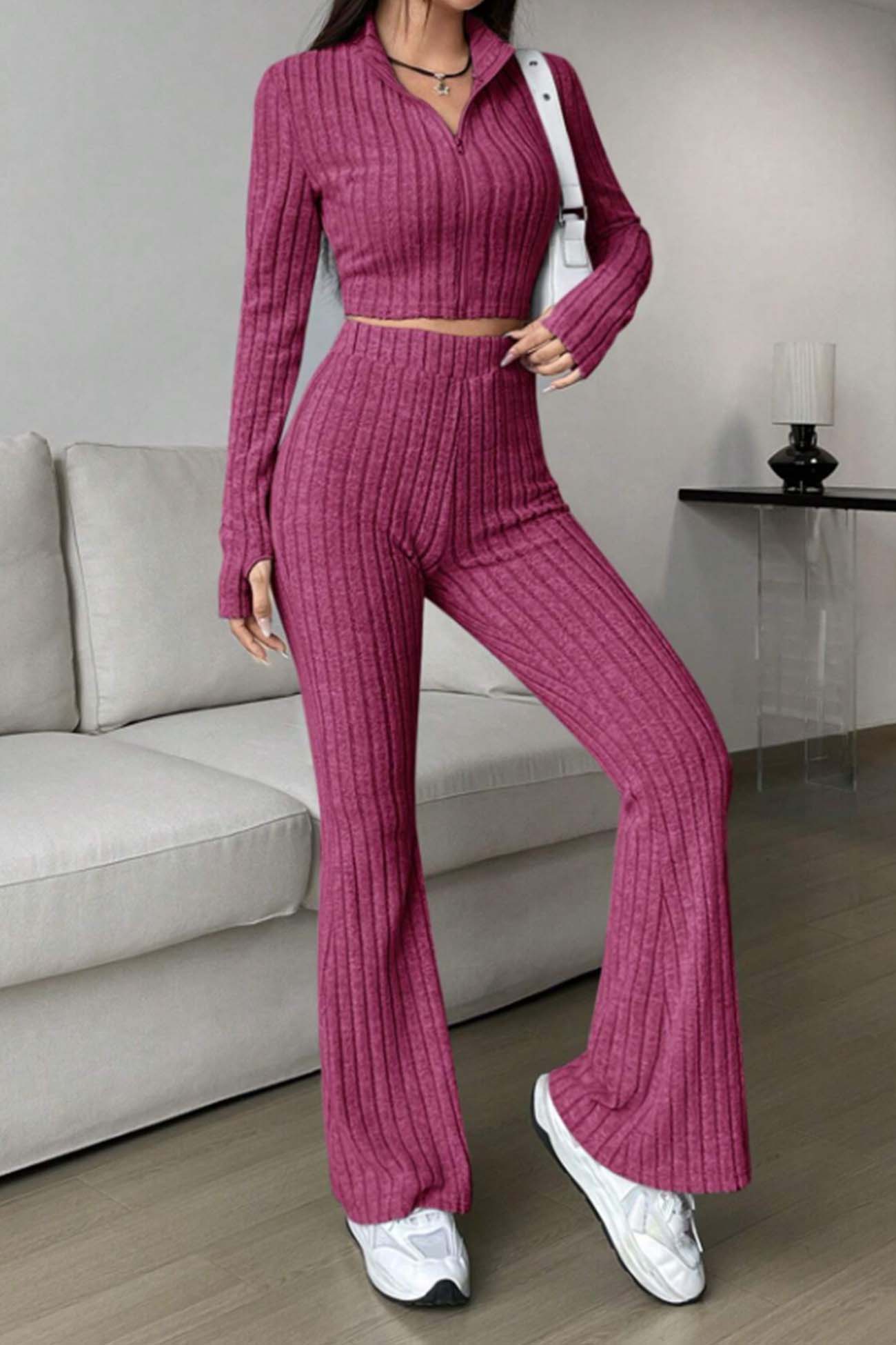 Nina | Long sleeve zip-up ribbed flared pants set