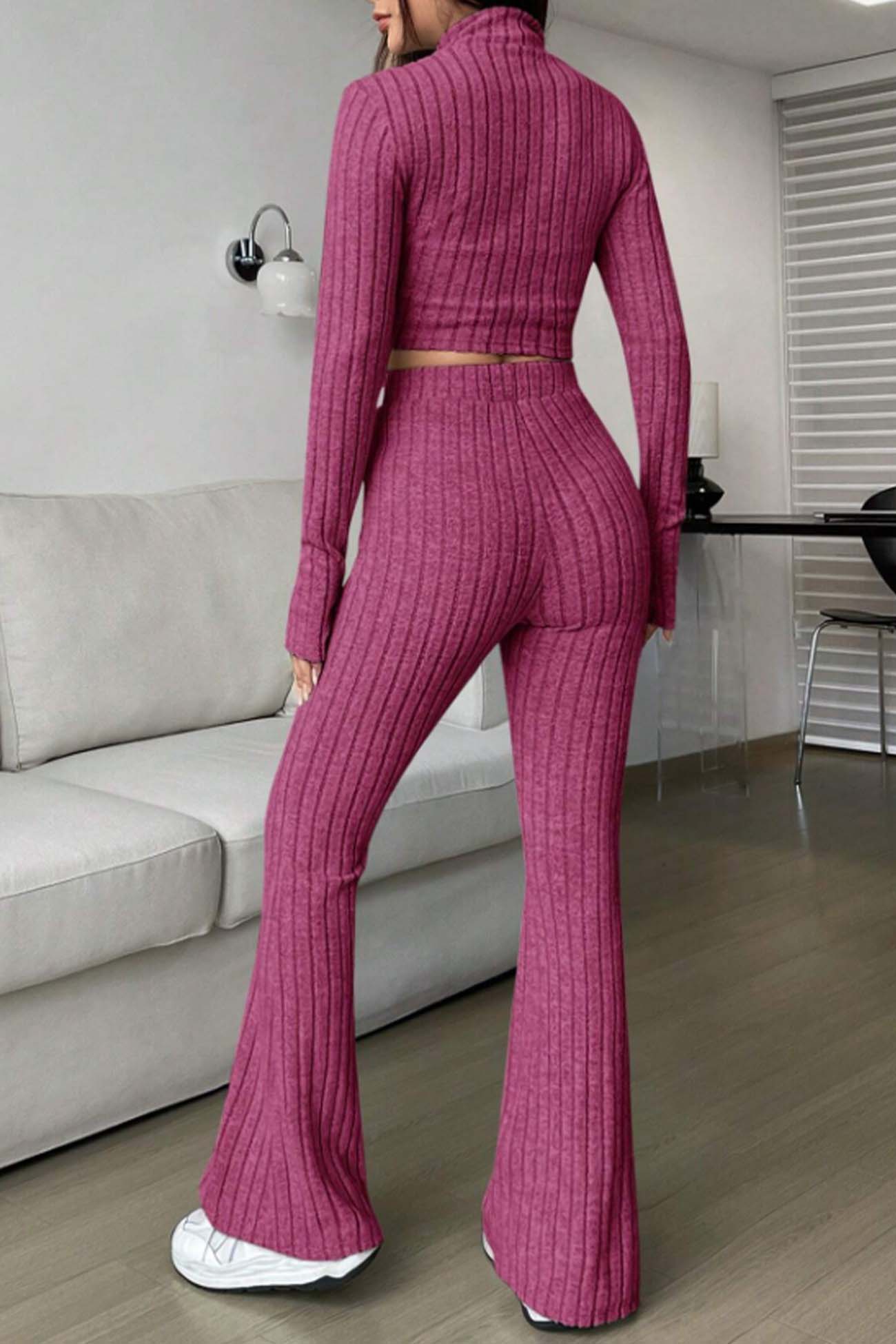 Nina | Long sleeve zip-up ribbed flared pants set