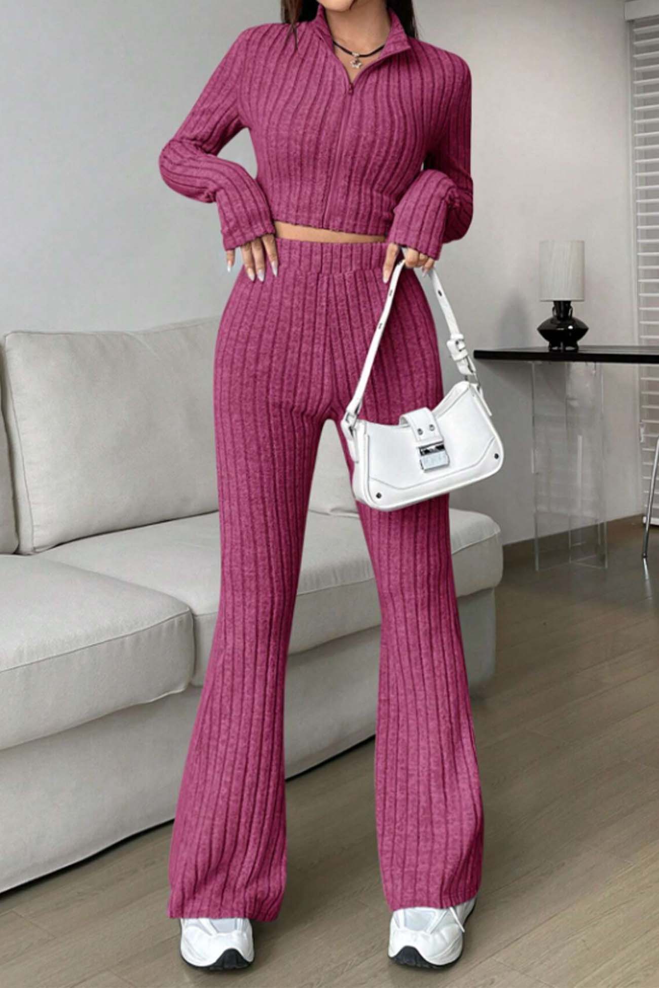 Nina | Long sleeve zip-up ribbed flared pants set