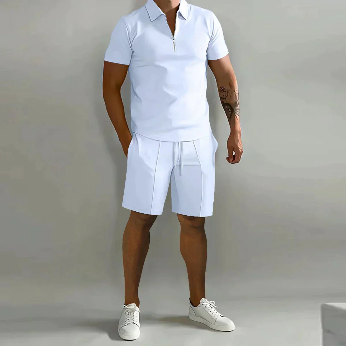 Men's Summer Two-Piece Set with Zipper Polo Shirt and Shorts