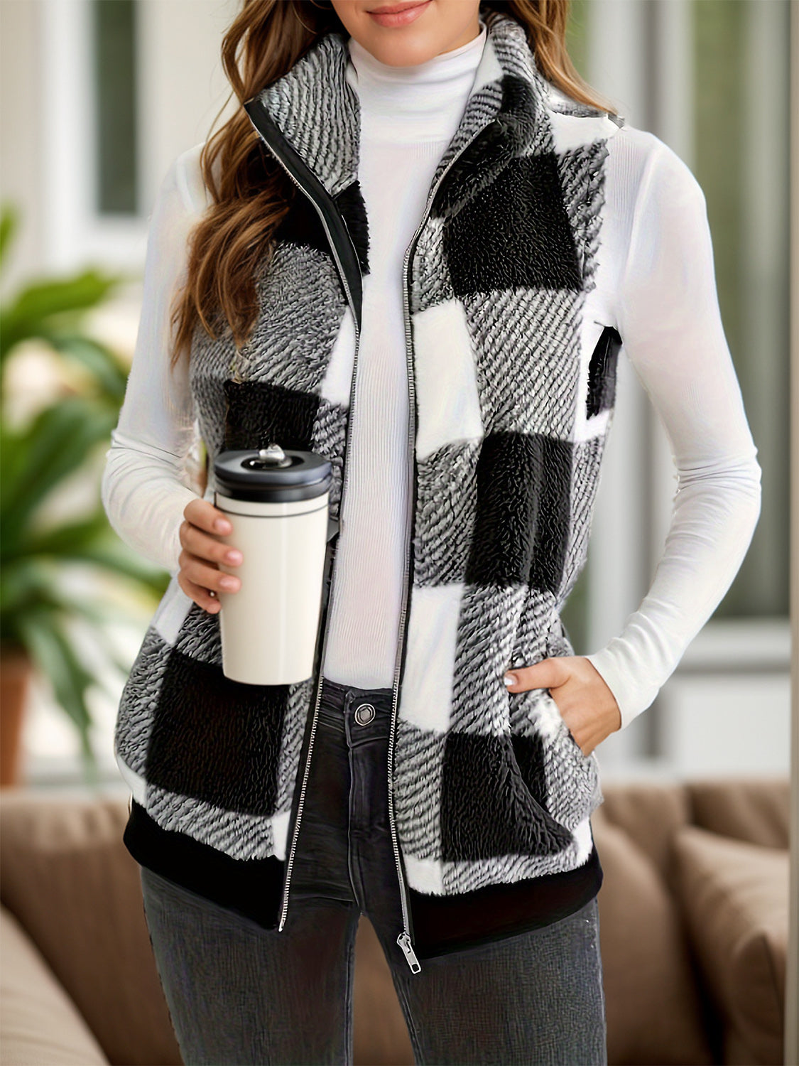 Hermione | Checked vest coat with pockets and zip