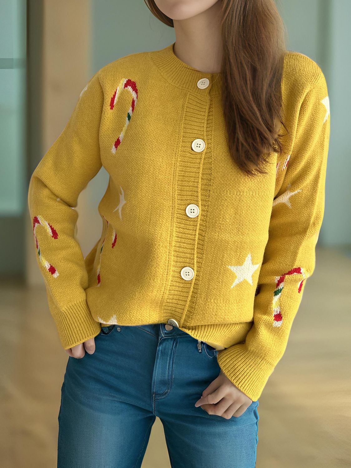 Justina | Candy Cane & Star button-front long-sleeved cardigan.