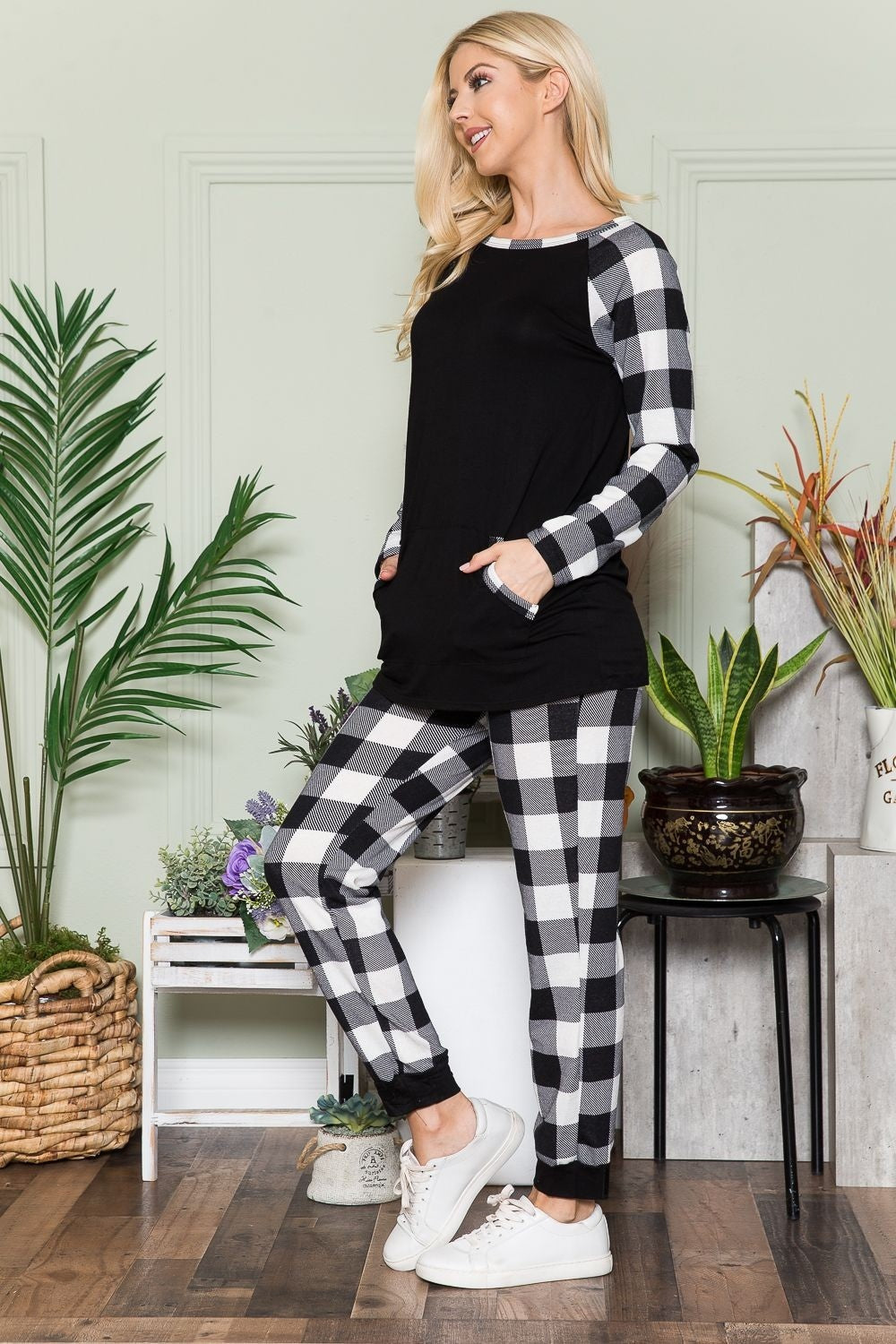 Simone | Celeste checked long sleeve t-shirt with pockets
