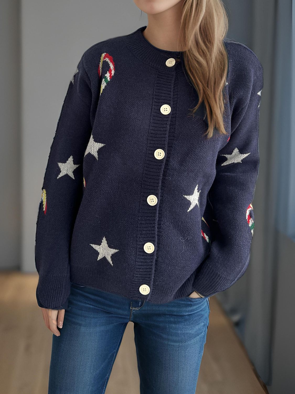 Justina | Candy Cane & Star button-front long-sleeved cardigan.