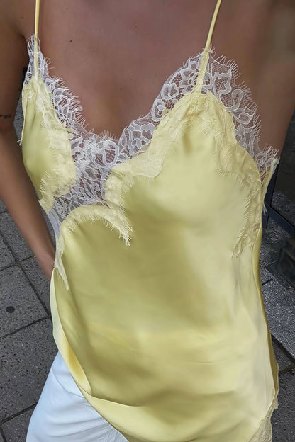 Lace Trim Patchwork Low Cut Asymmetrical Slit Cami Top