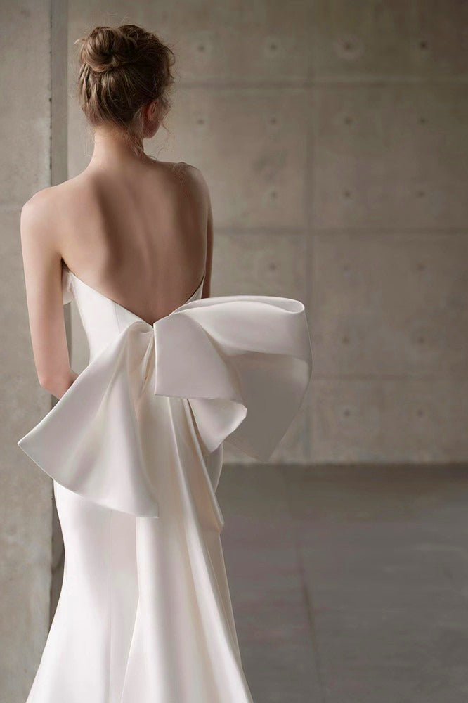 Satin Bandeau Train Bow Wedding Dress