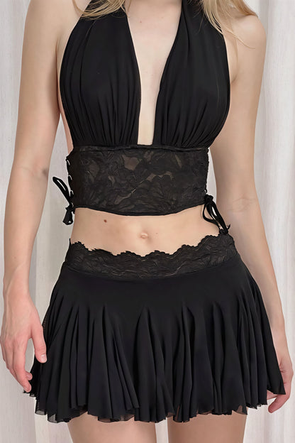 Solid Lace Deep V Slim Halter Skirt Set