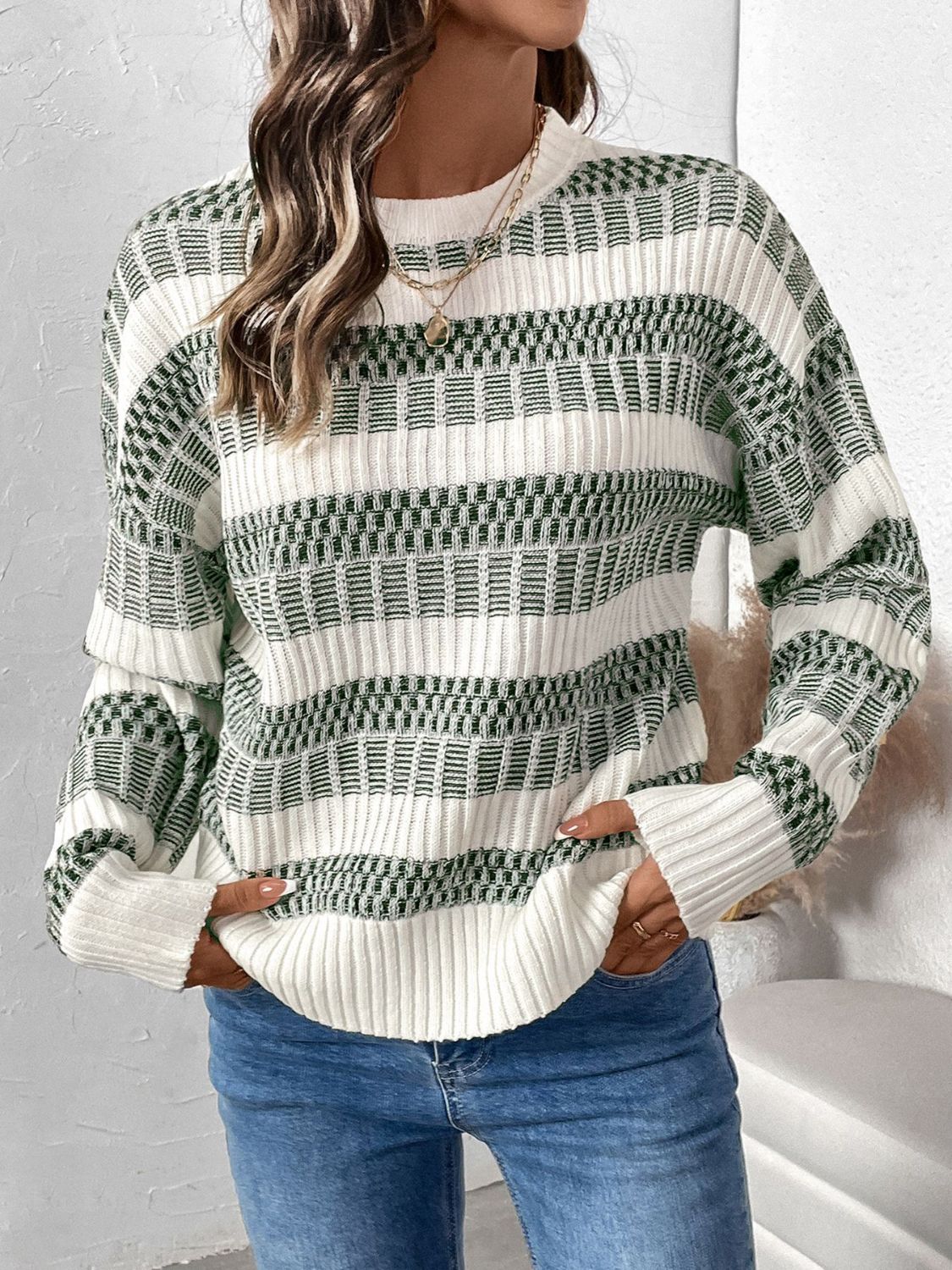 Pink | Perfee contrast long sleeve crew neck jumper