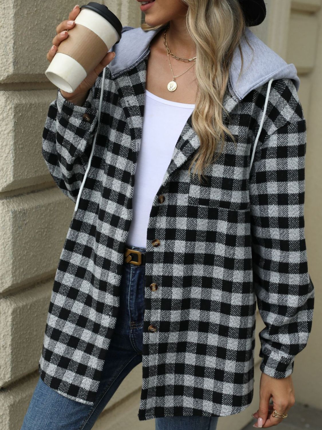 Ramona | Checked drawstring hooded jacket with long sleeves