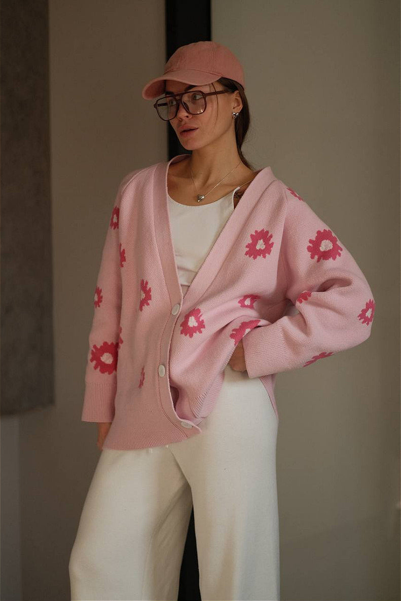 Fuzzy Daisy Jacquard Loose V-Neck Cardigan