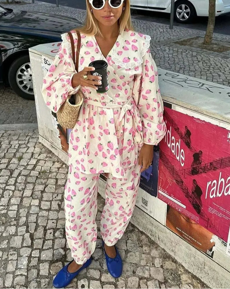 Pink Print Peter Pan Ankle Pants Office Two Piece Set