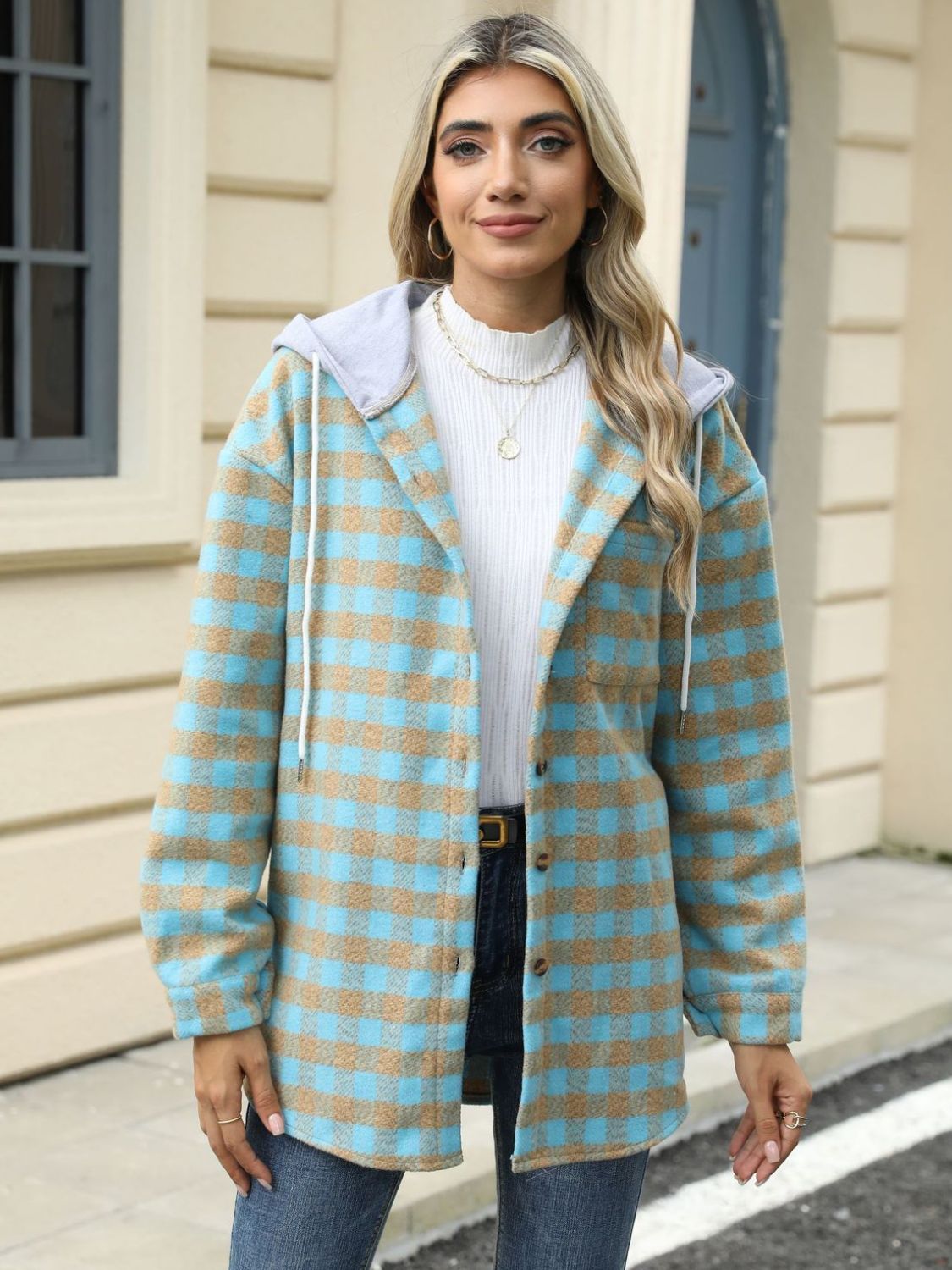 Ramona | Checked drawstring hooded jacket with long sleeves