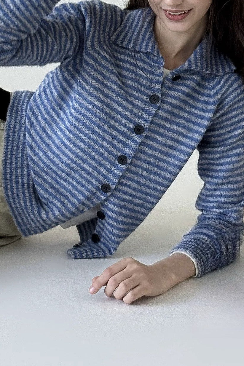 Color Block Striped Fitted Wool Knit Cardigan