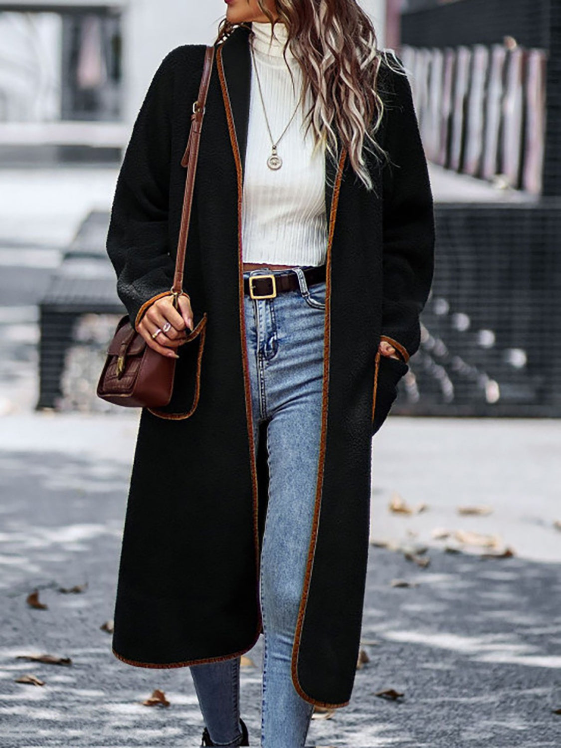 Claudia | Full size long sleeve coat with contrast trim and pockets