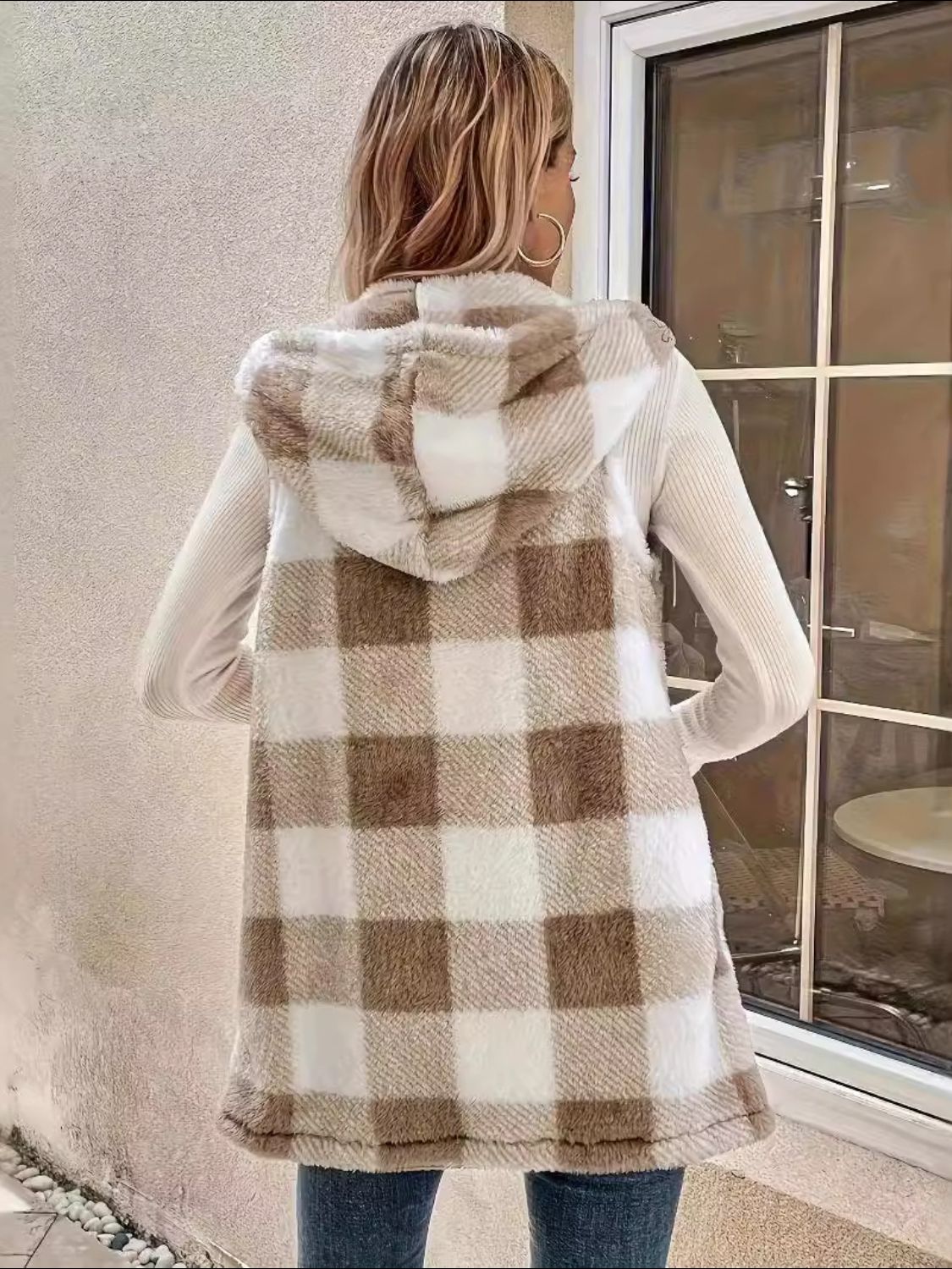 Esther | Fluffy checked vest coat with hood