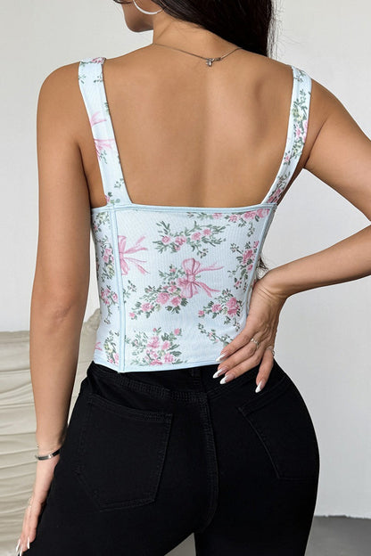 Floral Print Boned Cross Tie Bow Tank Top